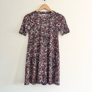 BCBGeneration Floral Babydoll Dress w Short Sleeves Red Blue Pink XS